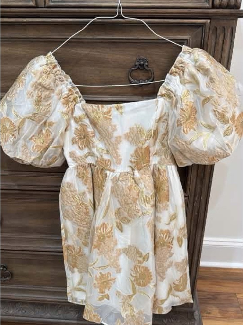 Gold Floral Puff-Sleeve White Mini Dress